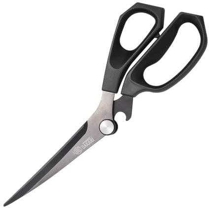 MITSUMOTO SAKARI Japanese Kitchen Scissors, Extended Meat Scissor, Multifunctional Black Cooking Shears (Non-Slip Handle)