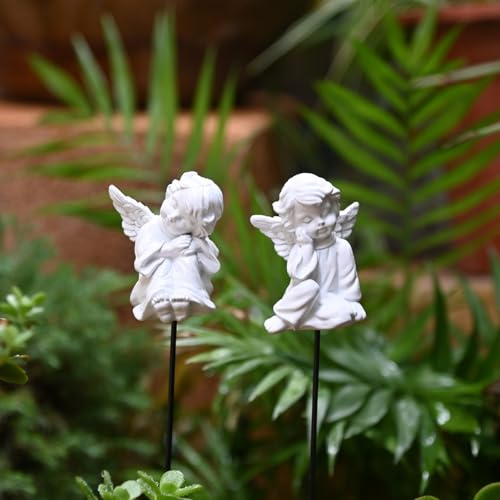 OwMell Lot de 2 piquets décoratifs de jardin en forme d'ange, petit ange, décoration de jardin féérique, statue commémorative pour pot de fleurs – Anges