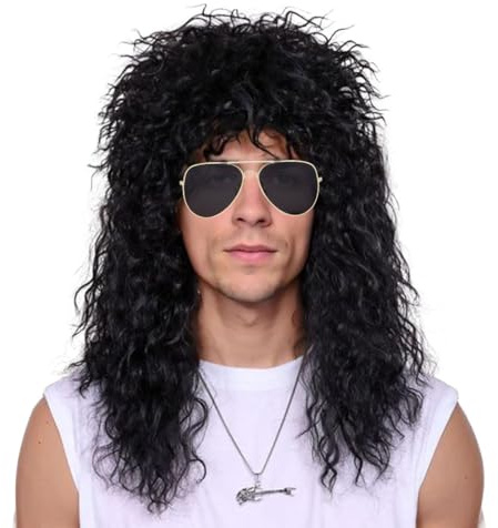 Perücke herren,Rocker Perücke，80er 90er Jahre perücke herren mit Sonnenbrille，Rocker punker Disco perücke für Karneval, Fasching, Cosplay Halloween Party（Schwarz）