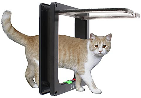 Katzentür, Katzenklappe Haustiertür mit 4 Schaltersteuerungsmodi, Katze Klapp Innentür Sicherheitstür, für Haustiere, Katzen und Welpen, Schwarz, 28.5 x 24.5 x 5.5 cm