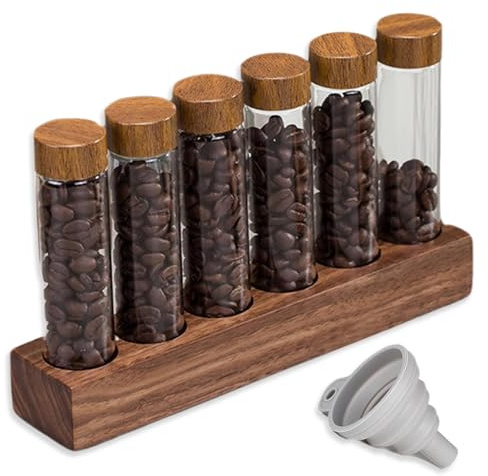 CBRAEXY 10 cm Kaffeebohnen Behälter, Glas Kaffeedosen mit Holzständer, 6 Röhrchen Kaffeebohne Display, mit Trichterverschlußrohr, Tee Container Halter, für Coffeeshops und Hausküchen