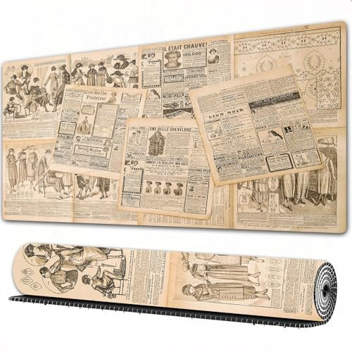 FEHWI Mauspad 80×30 cm Verlängertes großes Mauspad Schreibtischauflage,Antikes Set, Zeitungsseiten mit Werbung,genähte Kanten Gaming Mauspad,rutschfeste Gummibasis