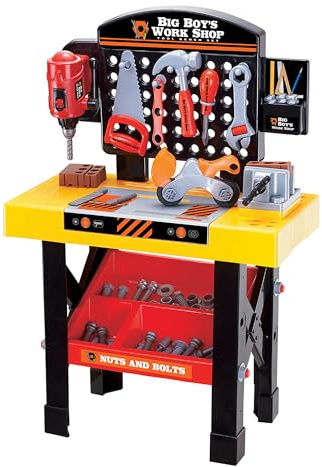 World Tech Toys Big Boys Work Shop 54 Piece Tool Bench Playset – Kids Construction Workbench with Toy Drill, Vise, Nuts & Bolts Builder Set - Kids 3+