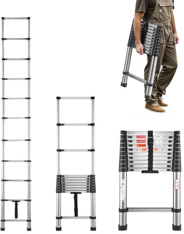 VEVOR Telescoping Ladder, 10.5ft Stainless Steel Lightweight Extension Ladder, Multi-Button Retraction Collapsible Ladders, 330LBS Capacity & Non-Slip Feet, Portable 11-Step Ladders for Home, RV, Loft