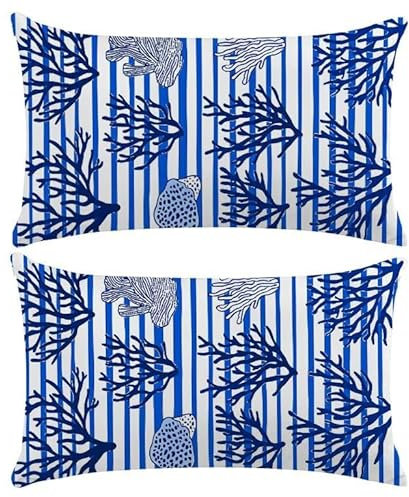 Housse Coussin Canape Decoration 40x80 cm Lot de 2 Taie d'oreiller Extérieure Imperméable, Lin Housse de Coussin Corail bleu Coussins Décoratif Taie d'oreiller pour Patio Jardin Salon Chambre H-282