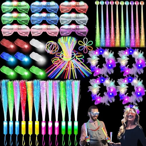 282 Pack Glow in the Dark Party Supplies for Adults, LED Light Up Party Favors Bulk with Glow Sticks Fiber Optic Wands Hair Clips Glassses Finger Lights Headband for Party Wedding Concert