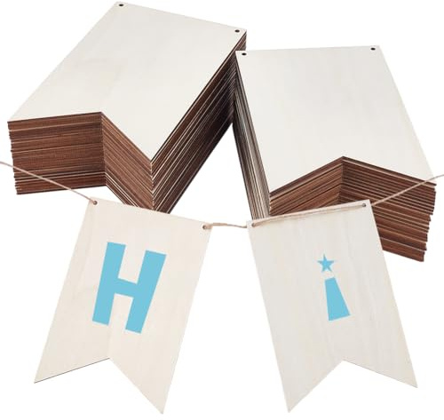 AHANDMAKER 50 Packung Unlackierte Leere Holzschilder Mit Seilen Rechteckig Einfarbig Zum Aufhängen Basteln Türschilder Vorgebohrt DIY Holzbanner Blanko Für Heimwerker Basteln Malen
