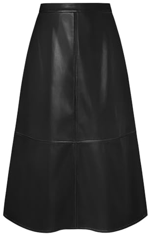Kate Kasin Jupe mi-Calf pour femme en cuir PU en forme de A-ligne avec taille élastique et fermeture éclair latérale, sans doublure en cuir midi pour le bureau et l'usage quotidien, Noir , L