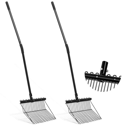 Lasnten Set di 2 forchette per letame con manico lungo, forcone, rastrello per giardinaggio, stalla per cavalli, stalla per erba stabile, fieno, pulizia dei lavori agricoli (testa in metallo)