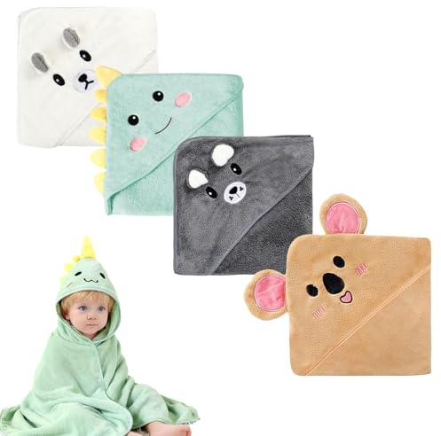 Asciugamano con cappuccio, 4 pezzi, asciugamano con cappuccio, asciugamano per bambini, in pile corallo, 80 x 80 cm, asciugamano da bagno per neonati, unisex