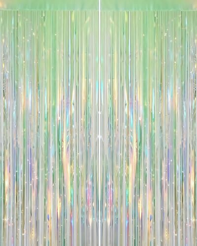 Iridescent Green Party Streamers Backdrop - 2 Pack 3.31 x 6.6 ft Neon Transparent Holographic Tinsel Foil Fringe Curtain for Birthday Dinosaur St Patrick's Day Football Christmas Party Decorations