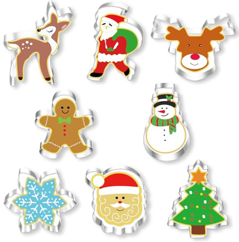Christmas Cookie Cutter Set - 8Pcs Christmas Biscuit Cutters Xmas Tree Reindeer Snowman Gingerbread Man Santa for Baking