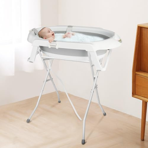 Faltbare Babybadewanne XXL mit Ständer, Kissen und Entwässerungssystem, 2 in 1 Babybadewanne auf Fuß, faltbar, platzsparend, für Neugeborene und Kleinkinder (Grau)