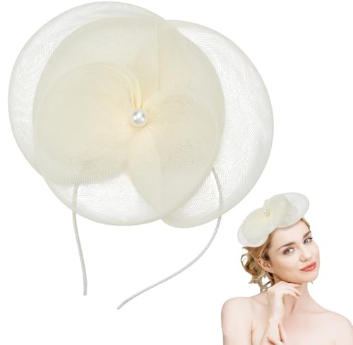 NBEADS 1 Set Fascinator Hüte Für Damen, Fascinator Hut Aus Organza Mit Blumennetz Und Haarreif Und Clip Kopfbedeckung Für Teepartys Hochzeiten Und Cocktailveranstaltungen, Beige, 140x118x5mm