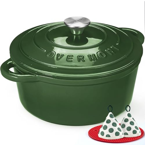Overmont Casseruola in Ghisa Smaltata - Antiaderente Forno Olandese con Coperchio - Ø24 cm Rotonda Cocotte per Adatto a Piani di Cottura e Forni a Induzione - Verde lucido