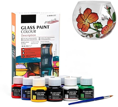 RANJIMA Glasfarben Set, 12 Farben Acrylfarben Set 25ml pro Pigment Flaschen Glas Porzellanfarbe ein Pinsel für Tellern Tassen Bemalen Porzellan Bemalen Kreative Projekte auf Glas Ton Leinwand Papier