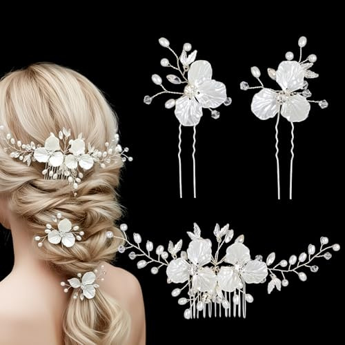 3PCS Flower Wedding Hair Pieces for Brides, Pearl Rhinestone Hair Clips, White Flower Bride Hairs Accessory, for Bridal and Bridesmaid Updos/Braided Hairstyles