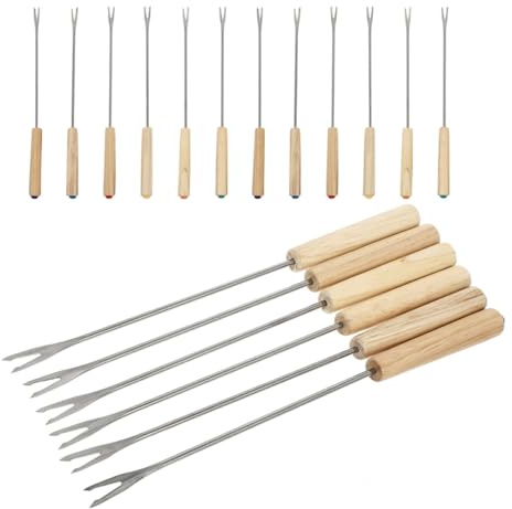 FUOYLOO Tenedores para Fondue de Queso 18 Piezas Acero Inoxidable con Mango de Madera, Set 6 Unidades para Eventos, Picnics y Barbacoa, Utensilios Resistentes y Fáciles de
