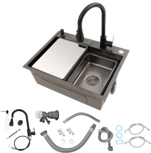 Fregadero de acero inoxidable 60 x 45 cm negro con grifo extraíble | 1 platillo, montaje empotrado, incluye tabla de cortar, lavabo interior, tubo de drenaje y dispensador de jabón