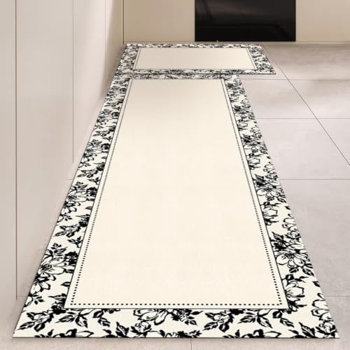 Alfombra Cocina 50X80Cm Negro Beige Alfombra Vinilica Cocina Cuero,Modernas Lavable Antideslizante Anti Fatiga para Pasillo, Comedor,Hogar Alfombrilla Cocina