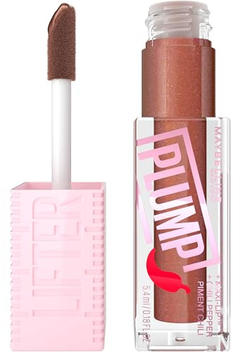Maybelline Gloss per labbra effetto rimpolpante immediato e volume XXL, arricchito con peperoncino, Lifter Plump, tinta Cocoa Zing, 5, 4 ml