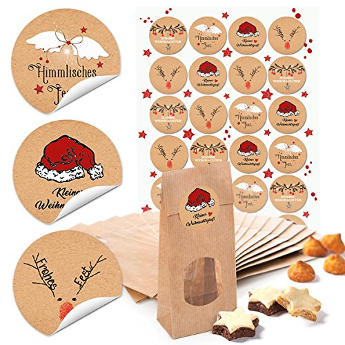 Blockbodenbeutel Weihnachten, 24 Stück: Geschenktüten, Weihnachtstüten, Papiertüten zum Befüllen, Plätzchentüten für Lebensmittel & Geschenke, Kekstüte Klein, Mit 24 Stickern, 7 x 4 x 20,5 cm