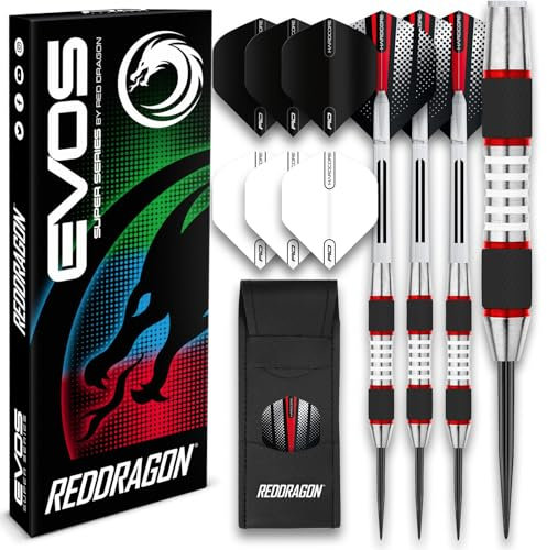 RED DRAGON Darts – Axis Rot Series 24g – 85% Wolfram - Profi Satz Dartpfeile Metallspitze mit Dart Flüge und Schäften