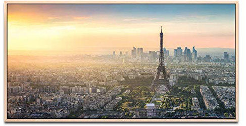 Paris Skyline ca. 130x70cm Wandbild inklusive Schattenfugenrahmen naturfarbend - Panorama Leinwand Bild XXL Format Wandbilder Wohnzimmer Wohnung Deko Kunstdrucke