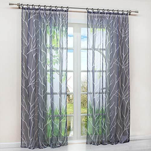 HongYa Gardine Transparent aus Voile mit Kräuselband und Zweigmuster | Grau, H/B 245/140 cm, 1 Stück, lichtdurchlässig, pflegeleicht, weich fallend, für Wohnzimmer und Schlafzimmer
