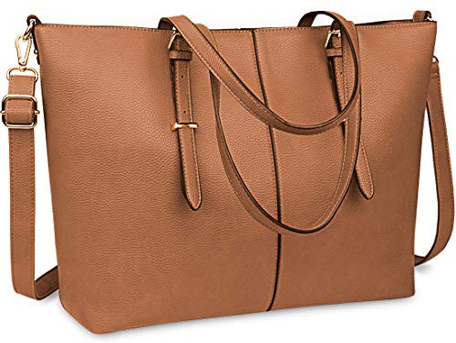 NUBILY Laptop Damen Handtasche 15,6 Zoll Shopper Handtasche Elegant Leder Taschen Große Leichte Frauen Handtasche für Business/Schule/Einkauf (Braun)