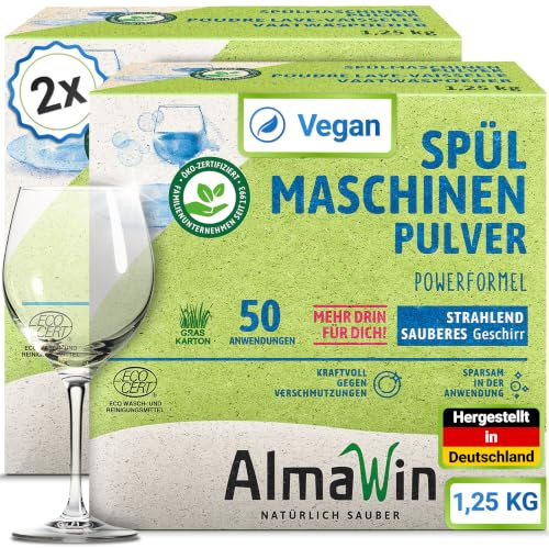 AlmaWin® Bio Spülmaschinen Pulver mit Powerformel für strahlend sauberes Geschirr [2x 1,25kg - 100 Anwendungen] - Kraftvolles Geschirrspülmittel Pulver - Ohne Phosphate, Öko & VEGAN, Dishwasher