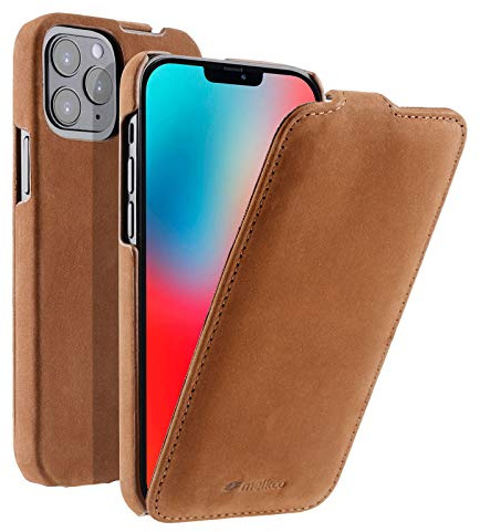 MELCKO Hülle passend für Apple iPhone 12 und iPhone 12 PRO (6,1 Zoll), Handyhülle mit echtem Leder, Flip-Case, Schutzhülle klappbar, dünne Handy-Tasche, Slim Cover, Vintage Braun