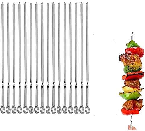 MOCUMEI Brochetas de metal para parrilla, brochetas Kabob, brochetas de barbacoa planas, juego de brochetas de parrilla, palillos reutilizables para barbacoa (pinchos de 14 pulgadas (16 unidades)