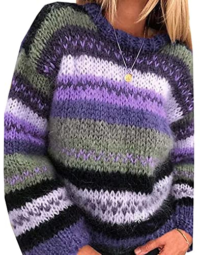 OtoñO E Invierno Moda Mujer SuéTer ArcoíRis Cuello Redondo Rayas Casual CáLido Tejido SuéTer Mujer