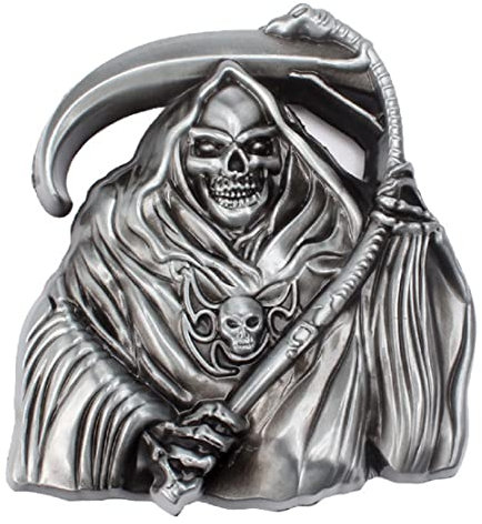 Longcreek Metal Zinc Alloy Vintage Western Belt Buckle, Grim Reaper Skull, Sickle Skull Skeleton, Gothic Skull Head, Fits Belts up to 1.5 Inches, Ideal Gift for Men