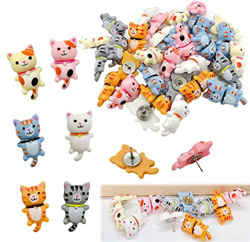 30 pcs Cute Cat Push Pin Decorative Thumb Tacks Animal Push Pins for Photo Wall Maps Memo Note Bulletin Board or Cork Boards Multi-Functional Pushpin Tool Office Accessories