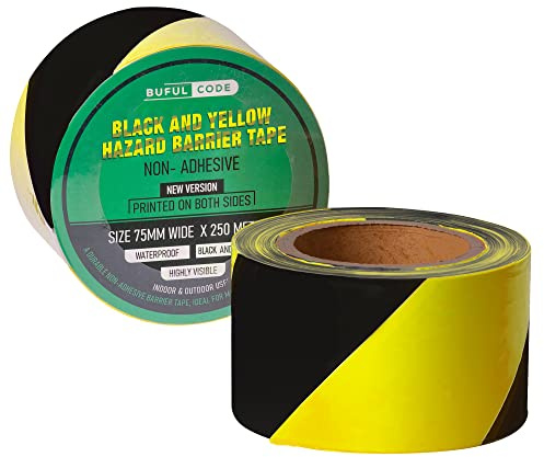 BufulCode Black and Yellow Non-Adhesive Barrier Tape (250m x 75mm) - Hazard Tape Plastic Barrier Fencing - Danger Zone Crime Scene Tape - No Entry Caution Tape Roll Construction, Both Sides Printed