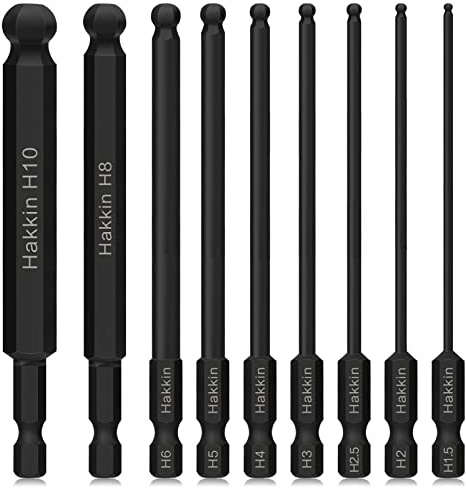 Hakkin 9Pcs Ball End Hex Allen Key Drill Bit Set | 1/4” Shank S2 Steel Magnetic Impact Hex Head Allen Wrench Bits Set (Metric) H1.5-H10 Key Set for Furniture Assembly