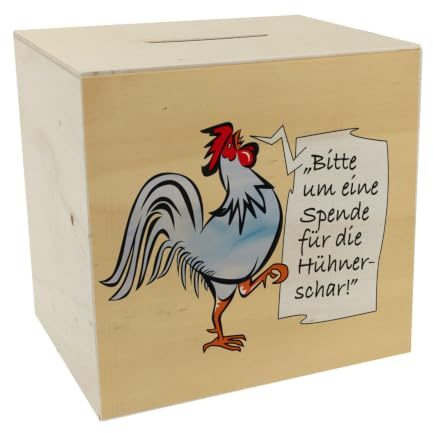 Spardose aus Holz mit Hahn Motiv in blau zum Thema Trinkgeld und lustigem Spruch schöne Sparbüchse als Geschenk für Sparfüchse die Hühner mögen und eine Hühnerschar auf dem