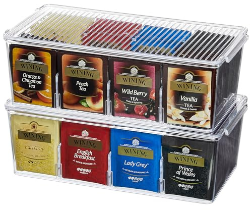 Lifewit Tea Bag Organizer with lids, Plastic Teabag Box with 16 Compartments, Stackable Divided Storage Containers for Cabinet, Pantry, Countertop, Sugar Packets, Clear, 29 cm/11.5 inch L, 2 Pack
