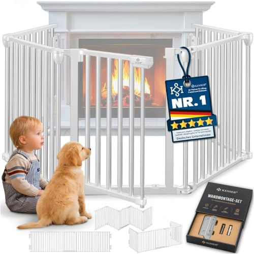 KESSER® Kaminschutzgitter mit Tür 480 cm Metall Ofenschutzgitter Laufgitter Laufstall Absperrgitter Tierschutzgitter Türschutzgitter für Kinder-Sicherung, 8-teilig Elemente (je 60 x 75 cm) Weiß