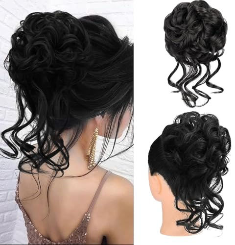 chignon finto per capelli nero Elastici Chignon Finti Sintetica Ondulato Capelli Naturale Coda di Cavallo Castano chiaro e Posticci per Capelli Spessi Updo per Donne Ragazze (1B nero naturale)