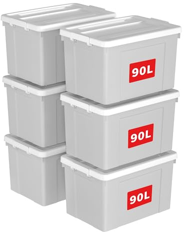 Cetomo 90L*6 Storage Boxes, Plastic Storage Box with Lids, Organizing Container with Secure Latching Buckles, Stackable, Nestable, Tote Bin for Home Office Clothes, 90L-6Pack, Gray