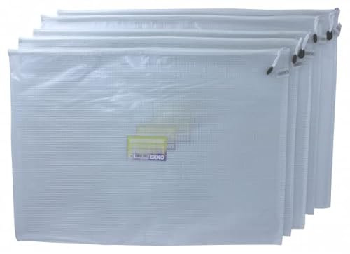 Mesh Bags A2 PVC faserverstärkt transparent weißer Reißverschluss 5Stk | Faserverstärkte PVC‑Mesh‑Bags A2, transparent, mit weißem Reißverschluss & Beschriftungsfenster