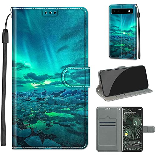Handyhülle für Google Pixel 6A, grüne Aurora | Standfunktion, Kartenfach, Magnetisch, Stoßfeste Schutzhülle, Flip Leder, Klapphülle