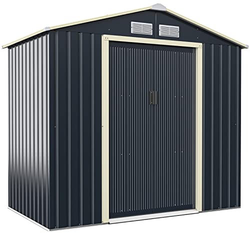 COSTWAY Casetta da Giardino 2,37㎡, Capanno da Esterno Porta Attrezzi in Lamiera Acciaio Zincato Resistente alle Intemperie, con Tettoia, Sfilati e Ante Scorrevoli (203 x 117 x 195 cm)