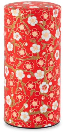NOREN Recipiente de té japonés (papel Yuzen Washi, ciruela/rojo), tamaño de 7.8 onzas, fabricado en Japón, incluye tapa interior hermética a prueba de humedad, tarro de cocina para hojas sueltas,