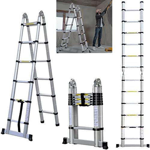 Scala telescopica in alluminio 5 m antiscivolo A-Frame multiuso con stabilizzatori, scala a soppalco allungabile portatile pieghevole per camper o esterni, carico massimo 150 kg (2,5+2,5 m/16,5 ft)
