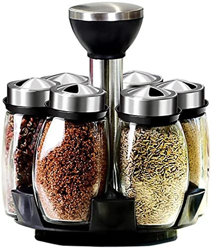 VIXPET Especiero con 6 recipientes de cristal para especias, carrusel de especias, soporte giratorio para especias para aceite de cocina, azúcar, especias, vidrio, acero inoxidable, plástico