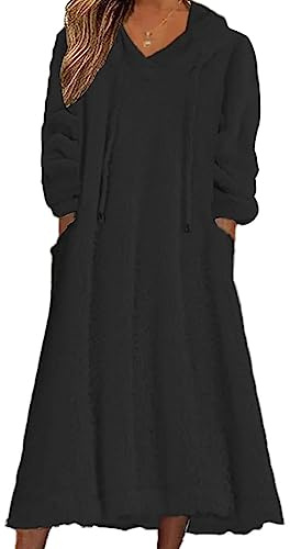 shownicer Abito Felpato in Pile Donna Vestito Elegante Lungo Felpa con Cappuccio Manica Lunga Tinta Unita Abito Super Spessore Caldo Hoodie con Tasche A Nero XXL